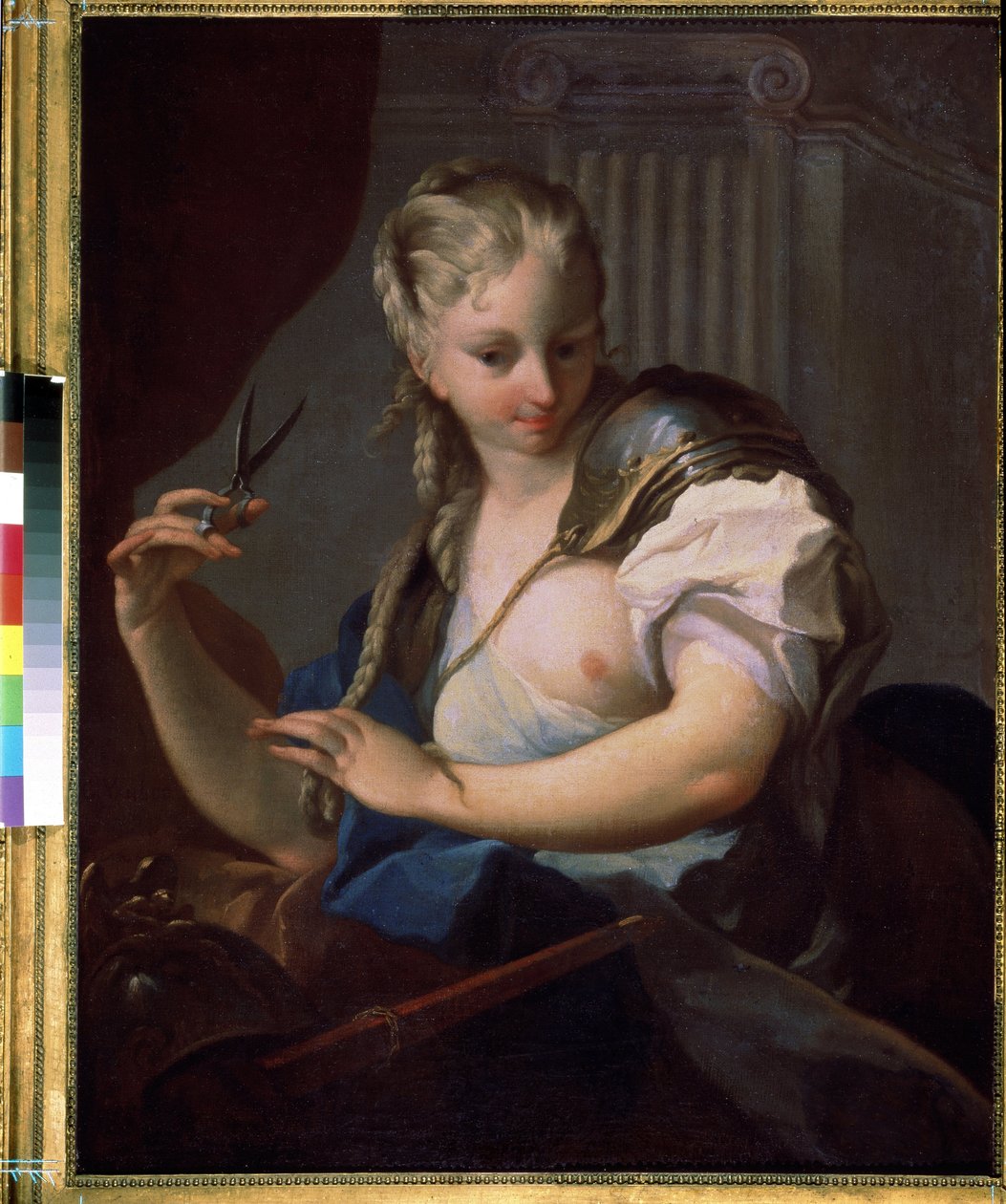 ジャンヌ・ダルク (1412-1431) はさみで三つ編みを切る (ジャンヌ・ダルク)。 Carle Van Loo (1705-1765) の絵画。 キャンバスに油彩、94.5 x 73 cm 作： カール・ヴァン・ルー