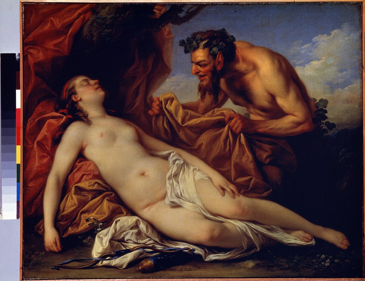 木星とアンティオペ（木星とアンティオペ）。 Carle Van Loo (1705-1765) の絵画。 キャンバスに油彩、50 x 72 cm、1753 年頃。フランス派、ロココ アート。 エルミタージュ美術館、サンクトペテルブルク。 作： カール・ヴァン・ルー
