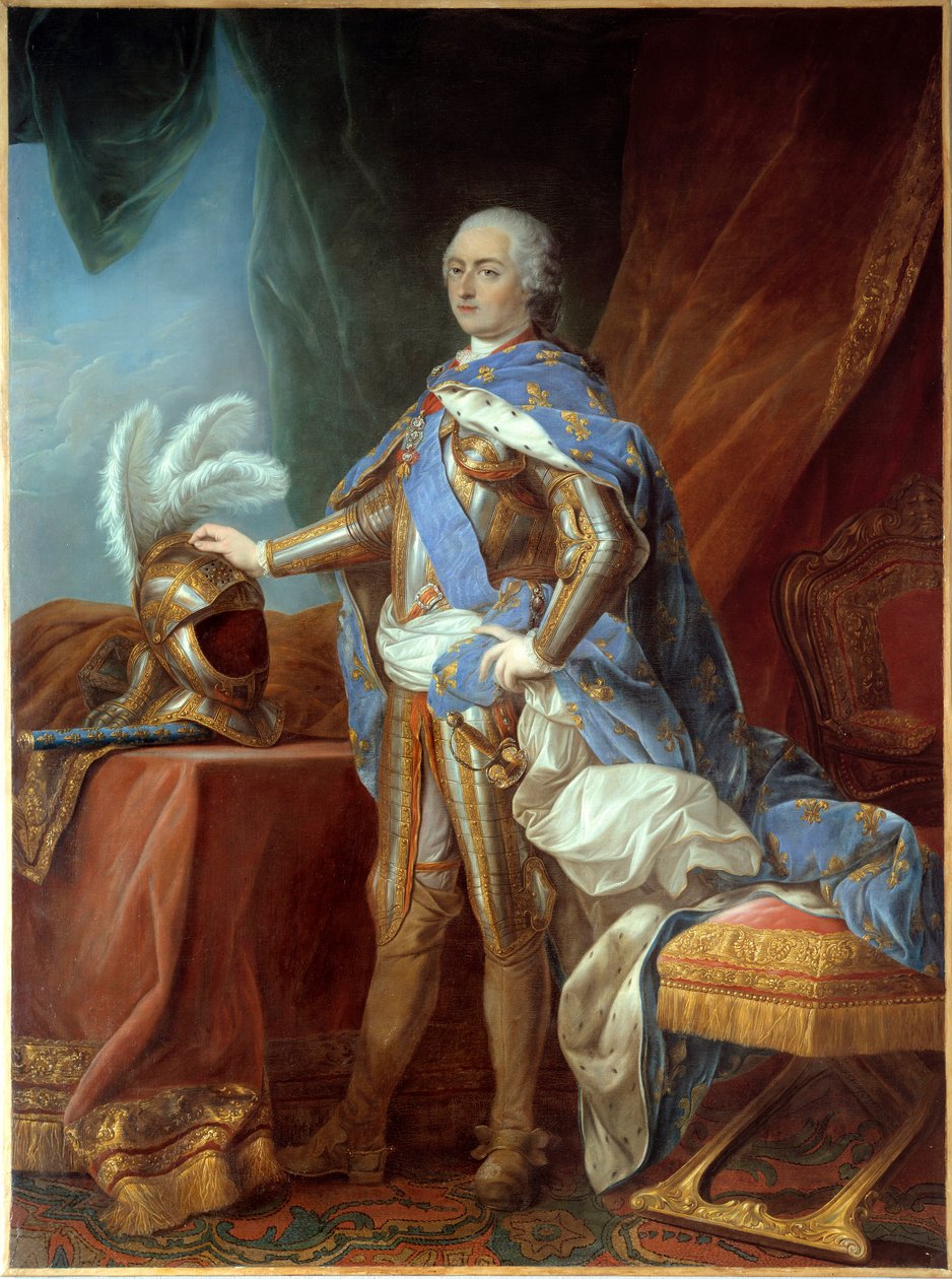ルイ15世（1710-1774）の足元の肖像、鎧を着て、兜に手を置いている。カルル・ヴァン・ロー（1705-1765）による絵画、油彩・カンヴァス（271 x 193 cm）。 作： カール・ヴァン・ルー