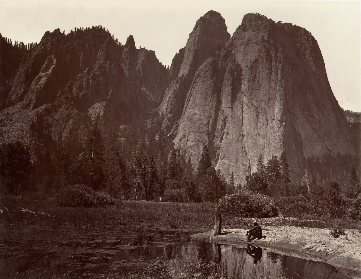 カテドラル ロックス、ヨセミテ、カリフォルニア州。 1872年、約印刷。 1876年。 作： カールトン・E・ワトキンス。