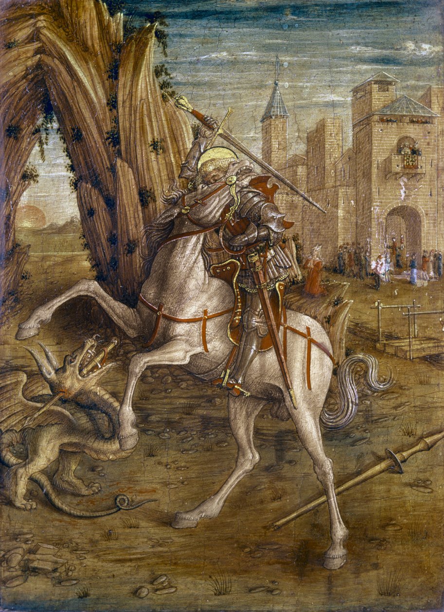 聖ジョージとドラゴン、「マドンナデラロンディーネ」祭壇画のプレデラパネルのシーン、1490年頃（パネル） 作： カルロ・クリヴェッリ