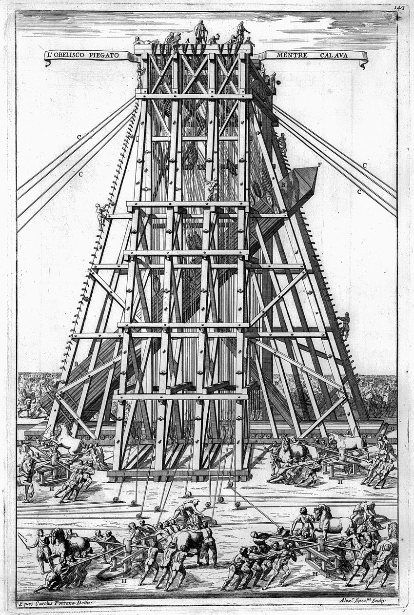 アレッサンドロスペッキによって彫刻された、ローマのサンピエトロ広場に古代エジプトのオベリスクを建てる 作： カルロ・フォンタナ