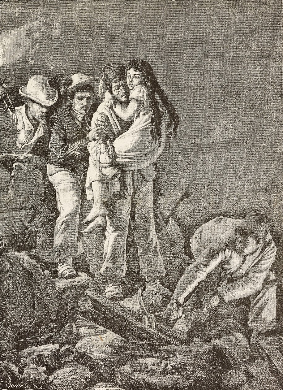 自宅が崩壊した後、少女が救出される、カサミッチョラ地震、イタリア、E Sanesi の絵と Carlo Ademollo (1824-1911) の絵からの彫刻、L
