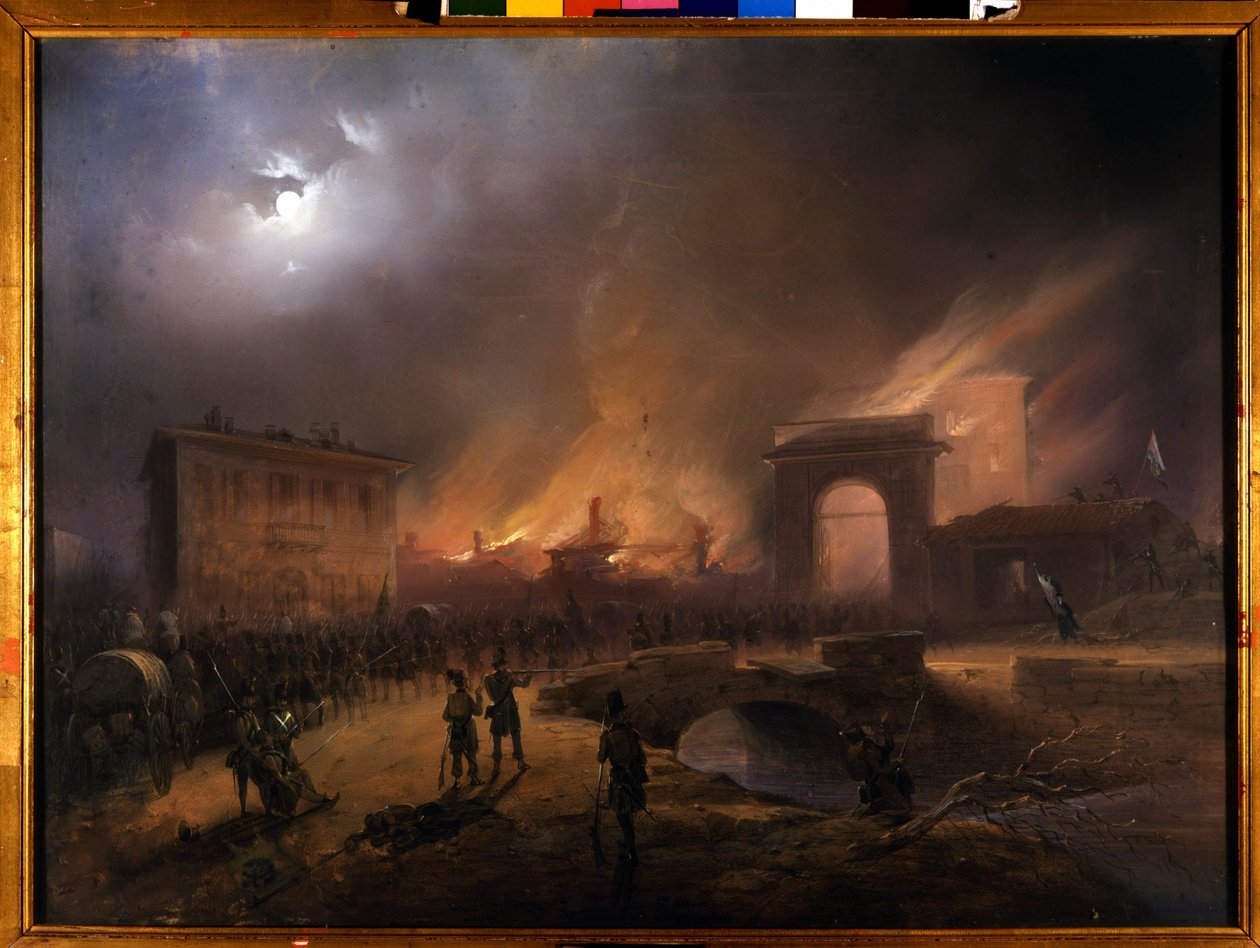 リソルジメント。ミラノの5日間（Cinque giornate di Milano）（1848年3月18日〜22日）：これは1848年の革命（第一次イタリア独立戦争の一部）の最初のエピソードの一つで、ミラノの人々が反乱を起こしたことを示している。 作： カルロ・ボッソリ
