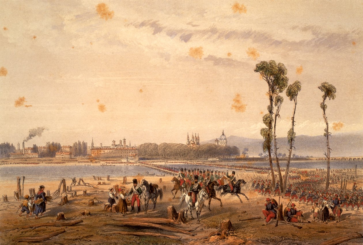 1859 年にヴェルチェッリでセシアを通過するフランス人、Carlo Bossoli (1815-1884) 作、彫刻。 第二次独立戦争、イタリア 作： カルロ・ボッソリ
