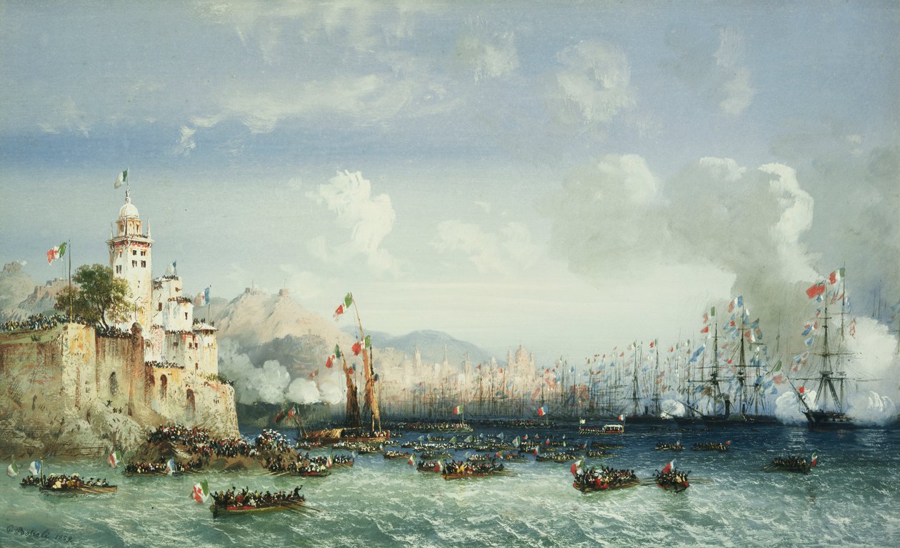 イタリアの戦争：ジェノヴァ、ナポレオン3世の到着、1859 作： カルロ・ボッソリ