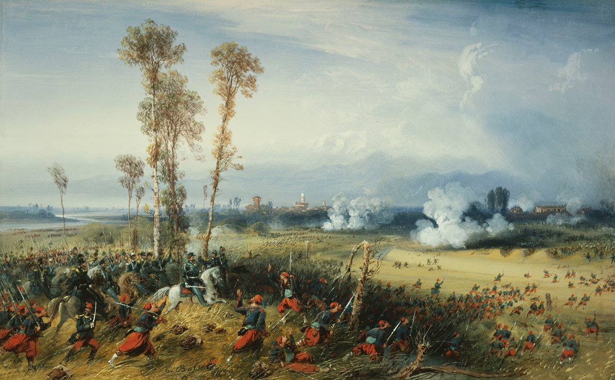 イタリアでの戦争：1859年、軍隊を率いるサルデーニャ国王、パレストロの戦い 作： カルロ・ボッソリ