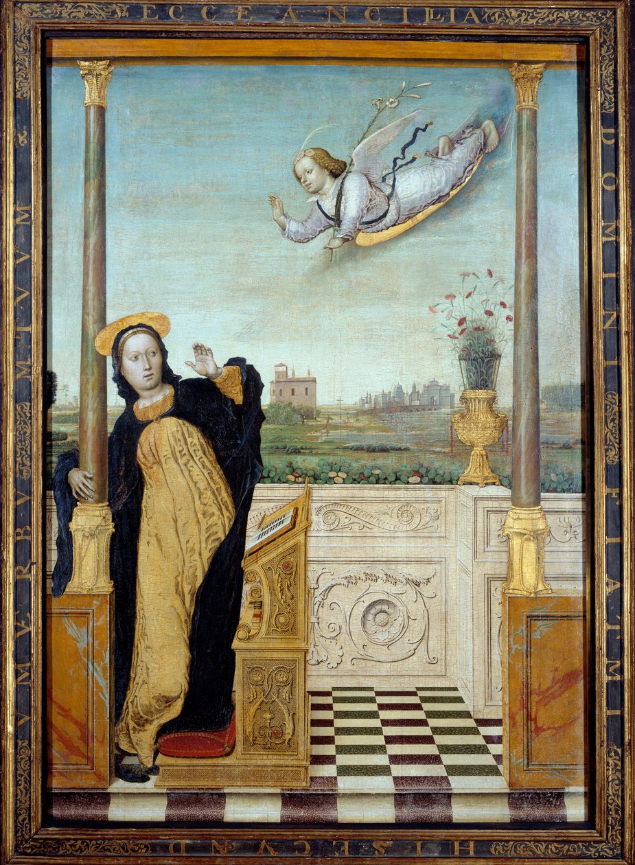 受胎告知。トリプティクの中央パネル。カルロ・ディ・ジョバニ・ブラッチェスコ（1478-1501）の作品。 作： カルロ・ブラチェスコ