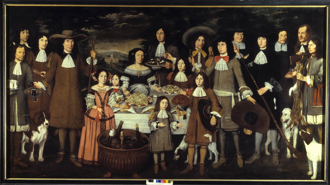 家族の肖像画または「狩猟ゲーム中の飲み物」「」。 カルロ・ケイン (1618-1688) の絵画。 17世紀の絵画. ピナコテカ デル カステッロ スフォルツェスコ ミラノ 作： カルロケイン