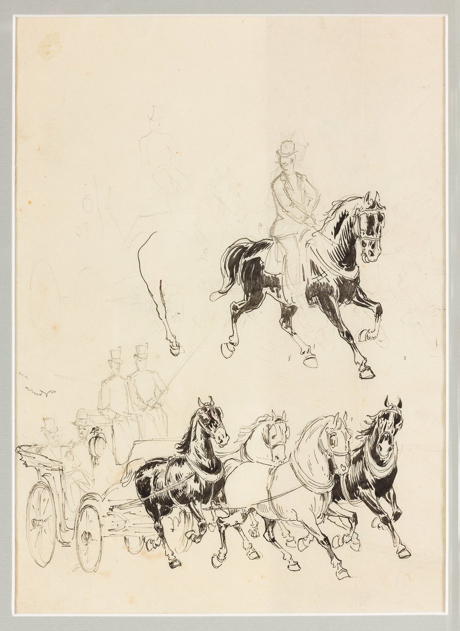 馬車と馬の準備研究（紙に墨と鉛筆画） 作： カルロ・カザルトリ