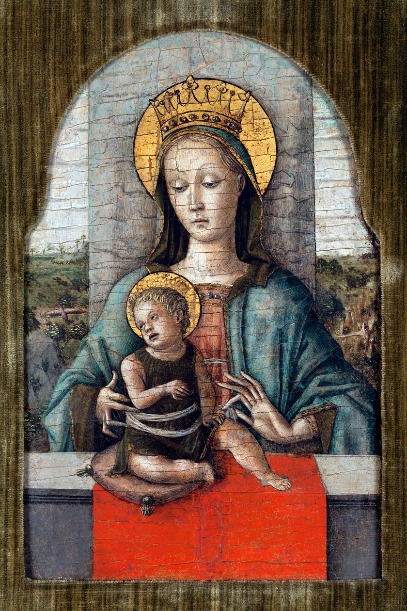 The Virgin and Child par Crivelli, Carlo (c. 1435-c. 1495)。 パネルにテンペラ、サイズ: 28x18、1455年頃、チニ財団、ヴェネツィア 作： カルロ・クリヴェッリ