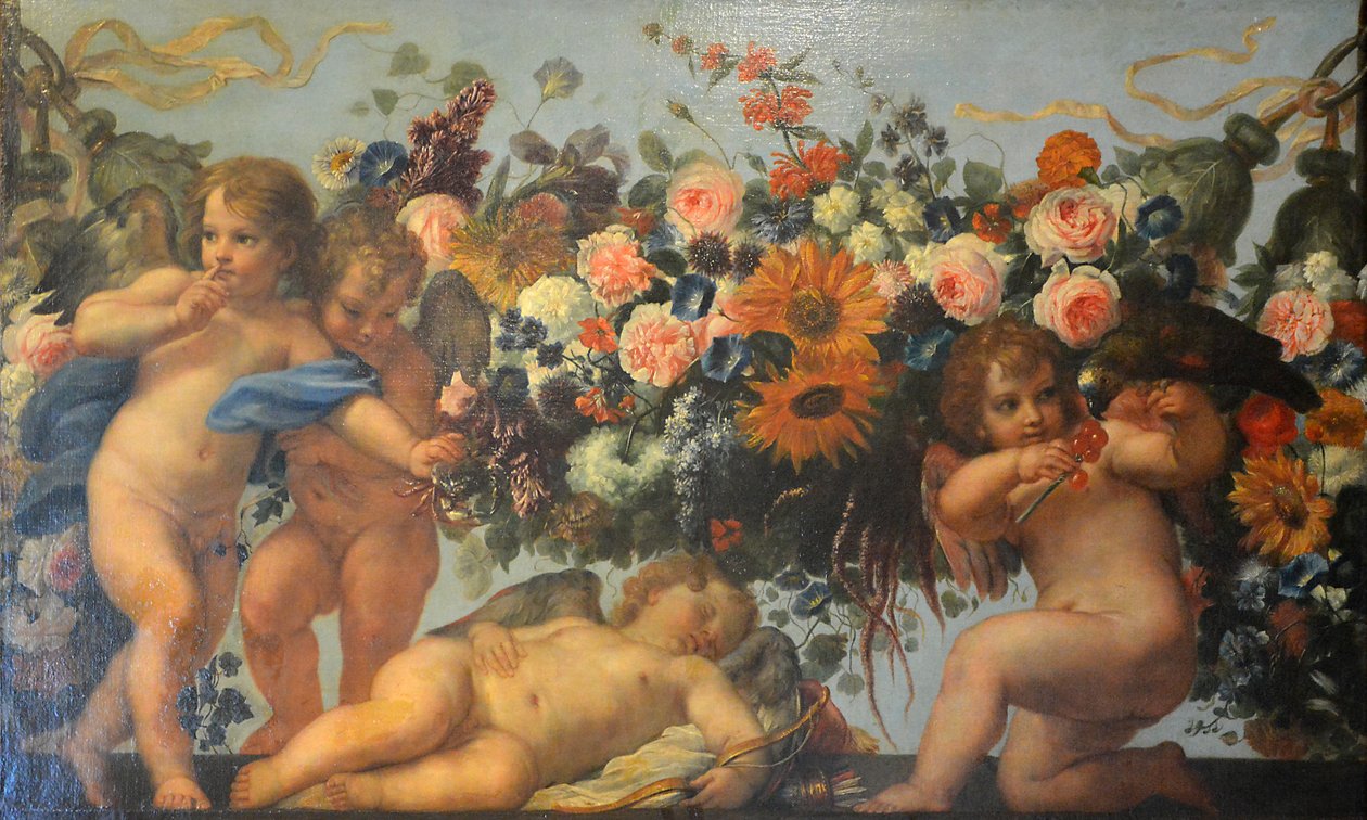 フランス語  Amour et guirlande de fleurs avec perroquet キューピッドとオウムの花束 作： カルロ・マラッタ