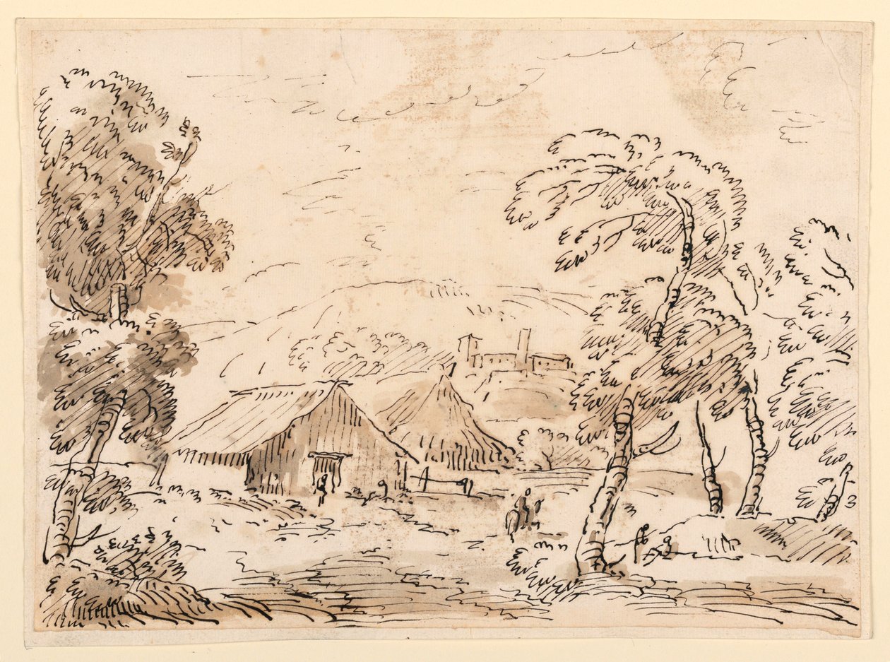 素描『山間の農民の住居と城』1762-1786年 作： カルロ・マルキオーニ