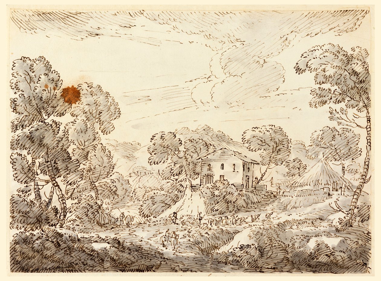 デッサン、「ウッディ・カントリーの農民の住居」、1750-1770年 作： カルロ・マルキオーニ