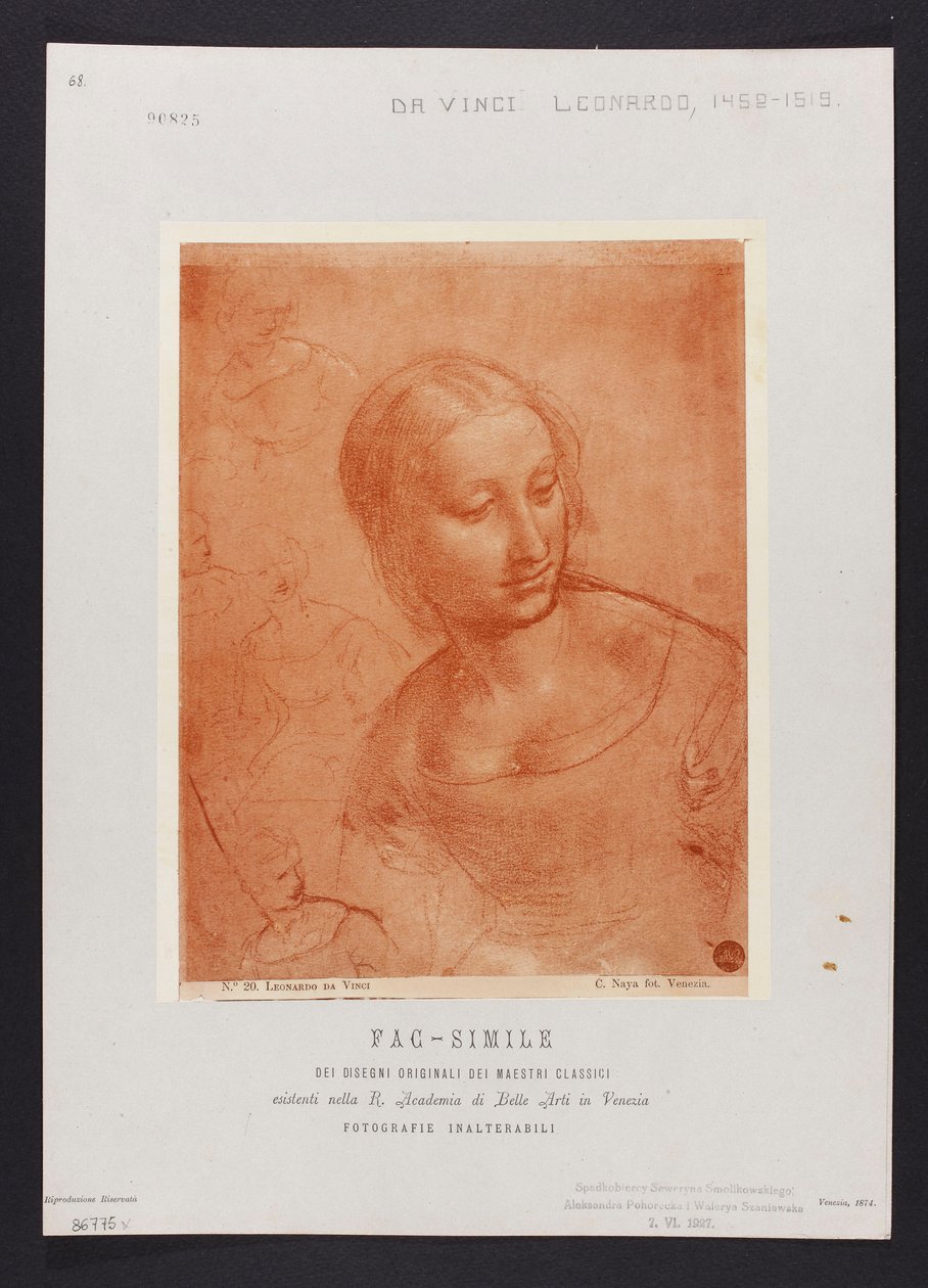 Studie eines weiblichen Büstenbildes, Zeichnung von Leonardo da Vinci (1452-1519) aus der Sammlung der R. Accademia di Belle Arti in Venedig; Tafel aus der Mappe: "Fac-simile dei disegni originali dei maestri classici esistenti nella R. Academia di Belle A 作： カルロ・ナヤ
