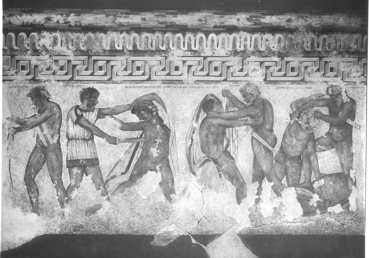 紀元前320〜280年のヴルチのフランソワの墓にあるエトルリアの壁画の復元（壁画）（212367、212368、214591も参照） 作： カルロ・ルスピ