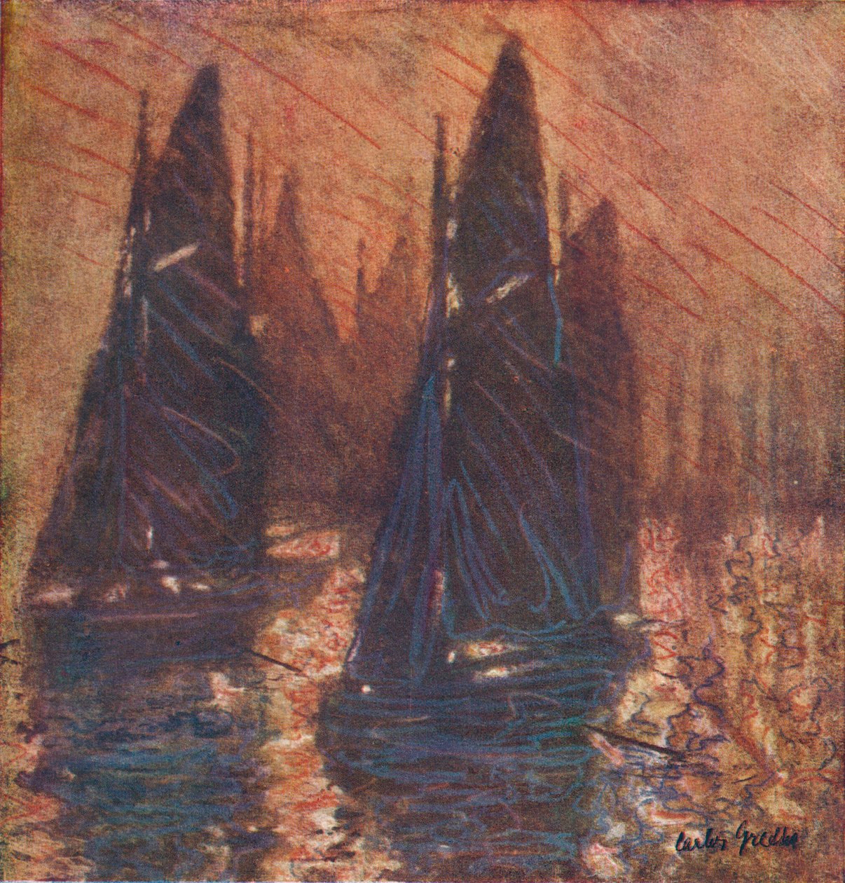霧の中の漁船、c1913。 作： カルロス・グレーテ