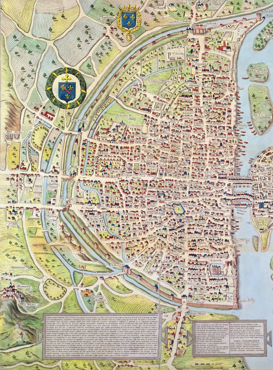 パリの地図からの右岸の詳細c。タペストリーとして作られた1540年、タペストリーのプランとして知られています。 1570、1818色の彫刻 作： キャロライン・ノーデ