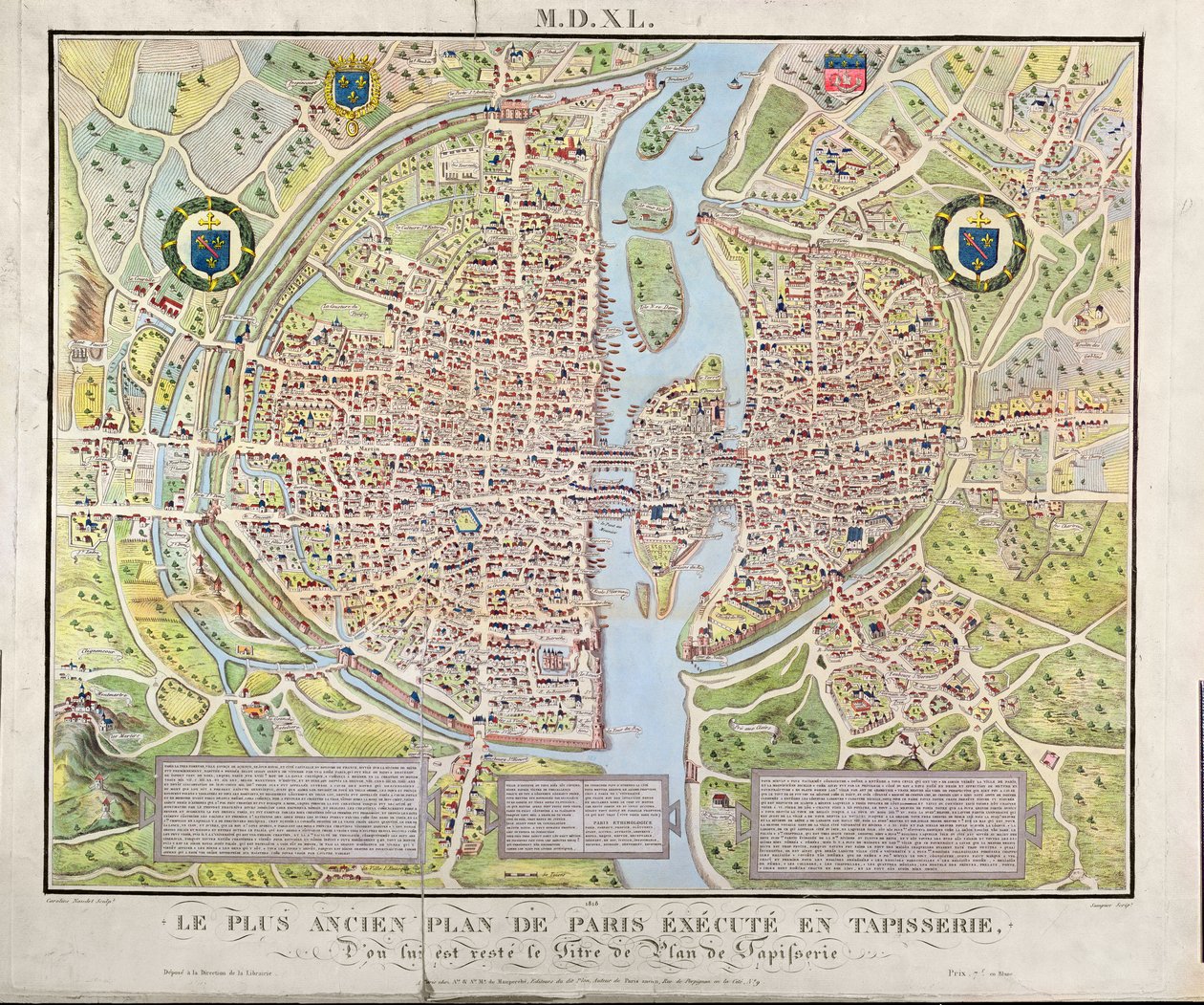 タペストリーc.1571、1818（色の彫刻）として作成された、Plan de la Tapisserieとして知られるパリc.1540の地図 作： キャロライン・ノーデ