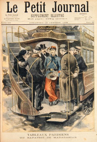 1896年1月12日、ルプチジャーナルのフォーチュンルイモーレ（1844-1901）のイラストが刻まれた、マダガスカルからの帰還兵士（カラー彫刻） 作： キャリー