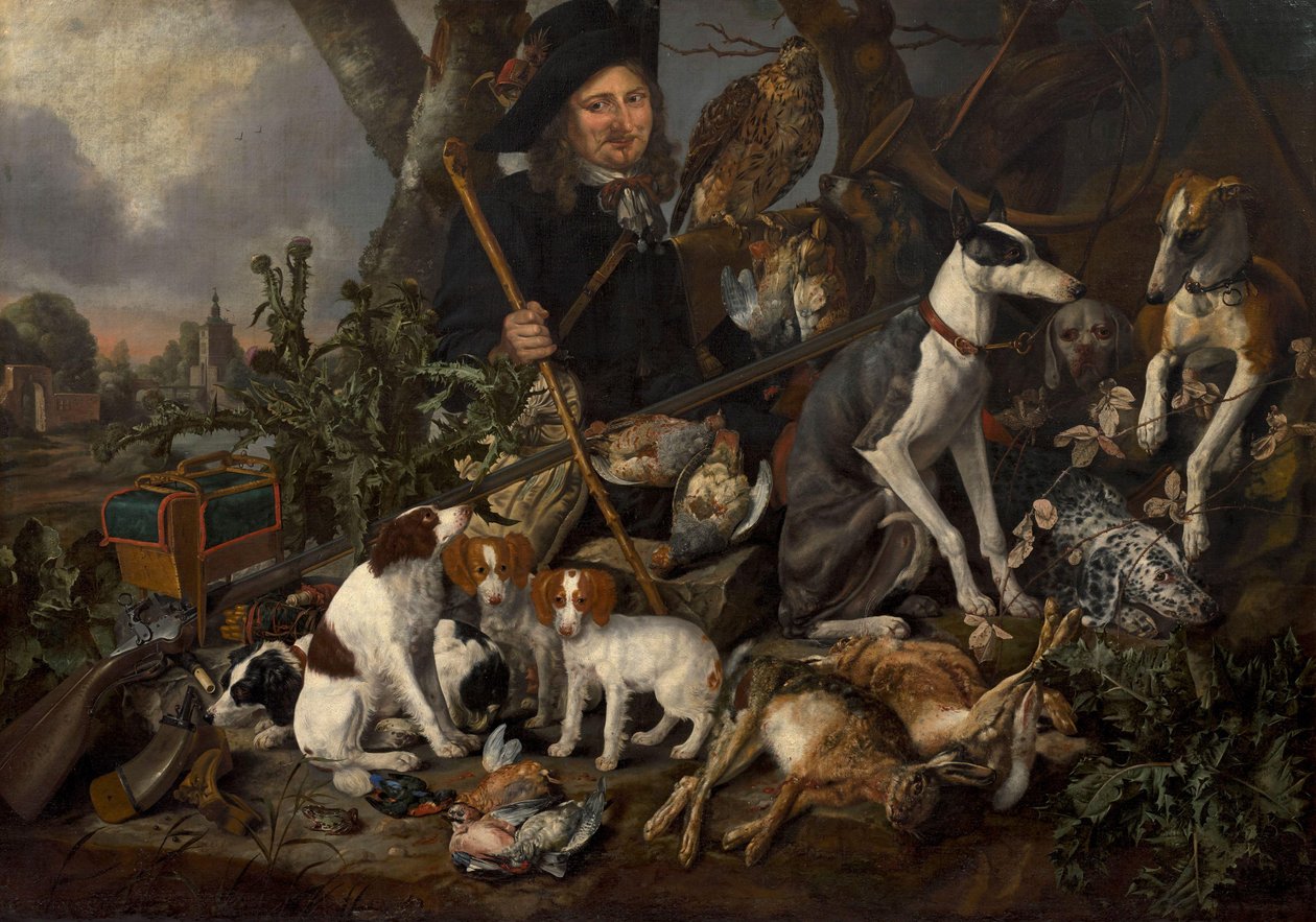 犬の群れと狩猟のトロフィーを持った紳士ハンター 作： カルシャン・リュックス