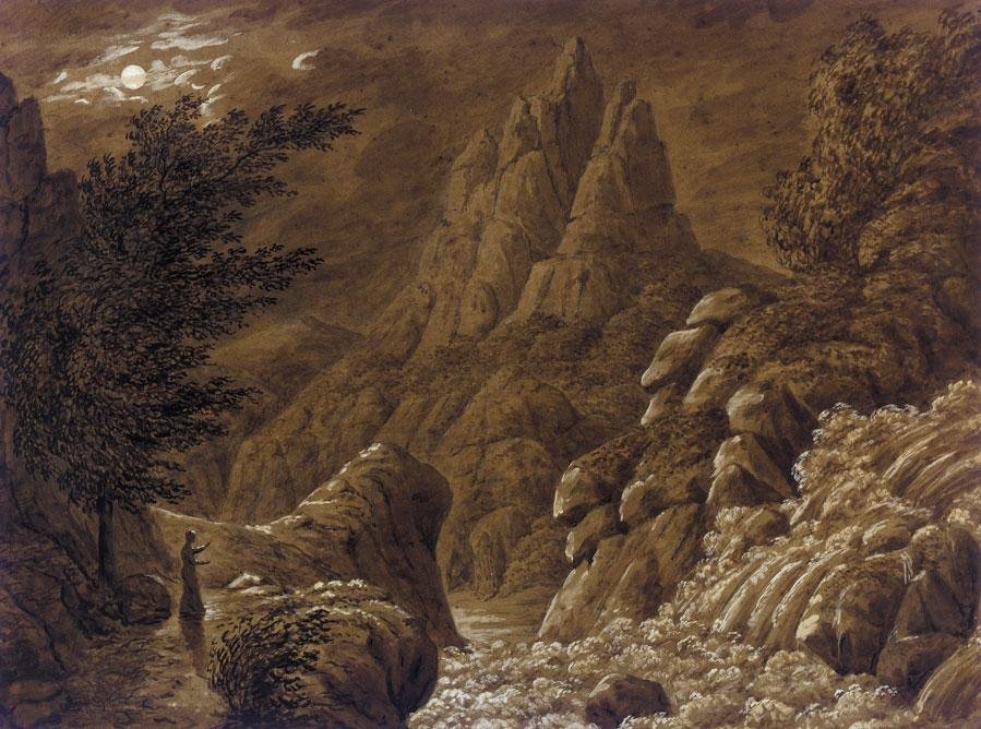 滝のある理想的な山の風景 作： カスパー・デイビッド・フリードリッヒ