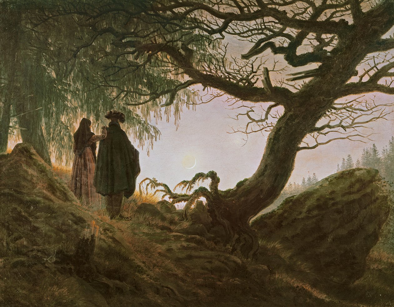 カスパー・ダーヴィト・フリードリッヒ（1774-1840）の「月を想う男女 作： カスパー・デイビッド・フリードリッヒ