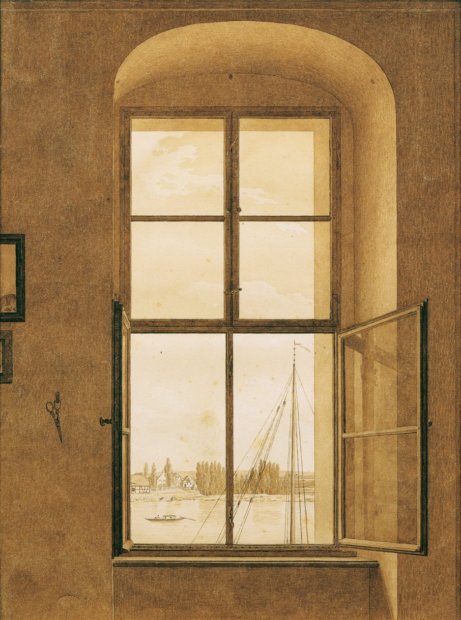 ドイツ語：Blick aus dem Fenster des Künstlers, rechtes Fenster 画家のアトリエの窓からの眺め、右側の窓 作： カスパー・デイビッド・フリードリッヒ