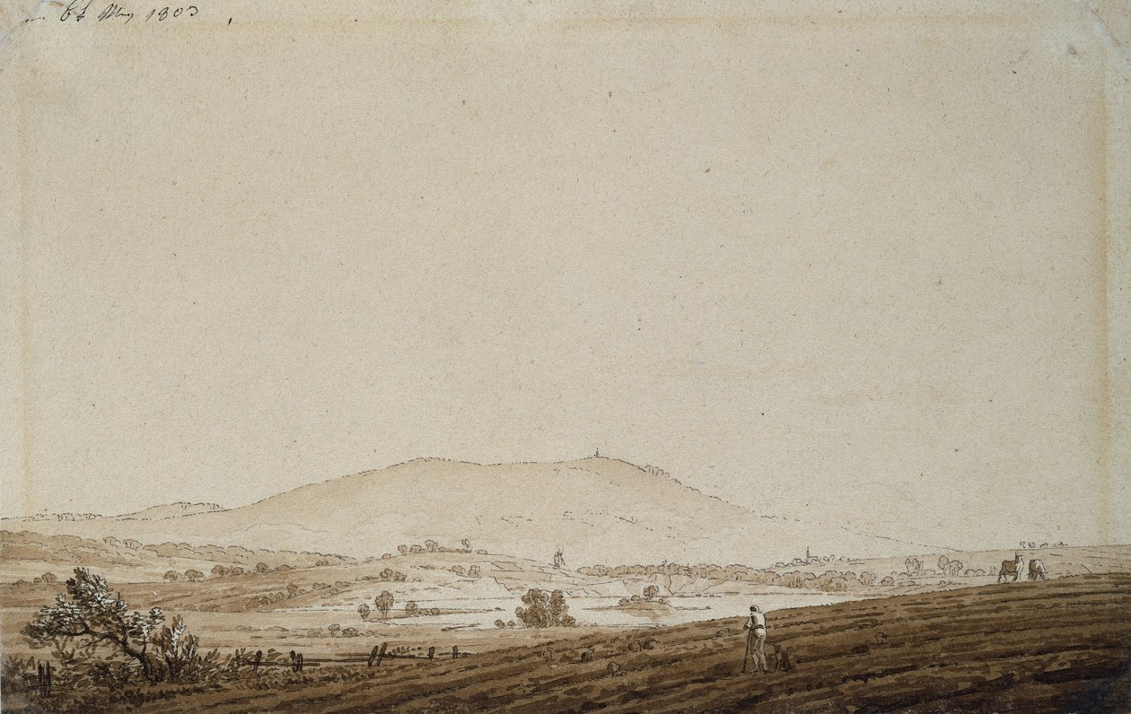 ジェシュケン山を望むボヘミアの風景、1803年（紙にペンとインクで洗う） 作： カスパー・デイビッド・フリードリッヒ