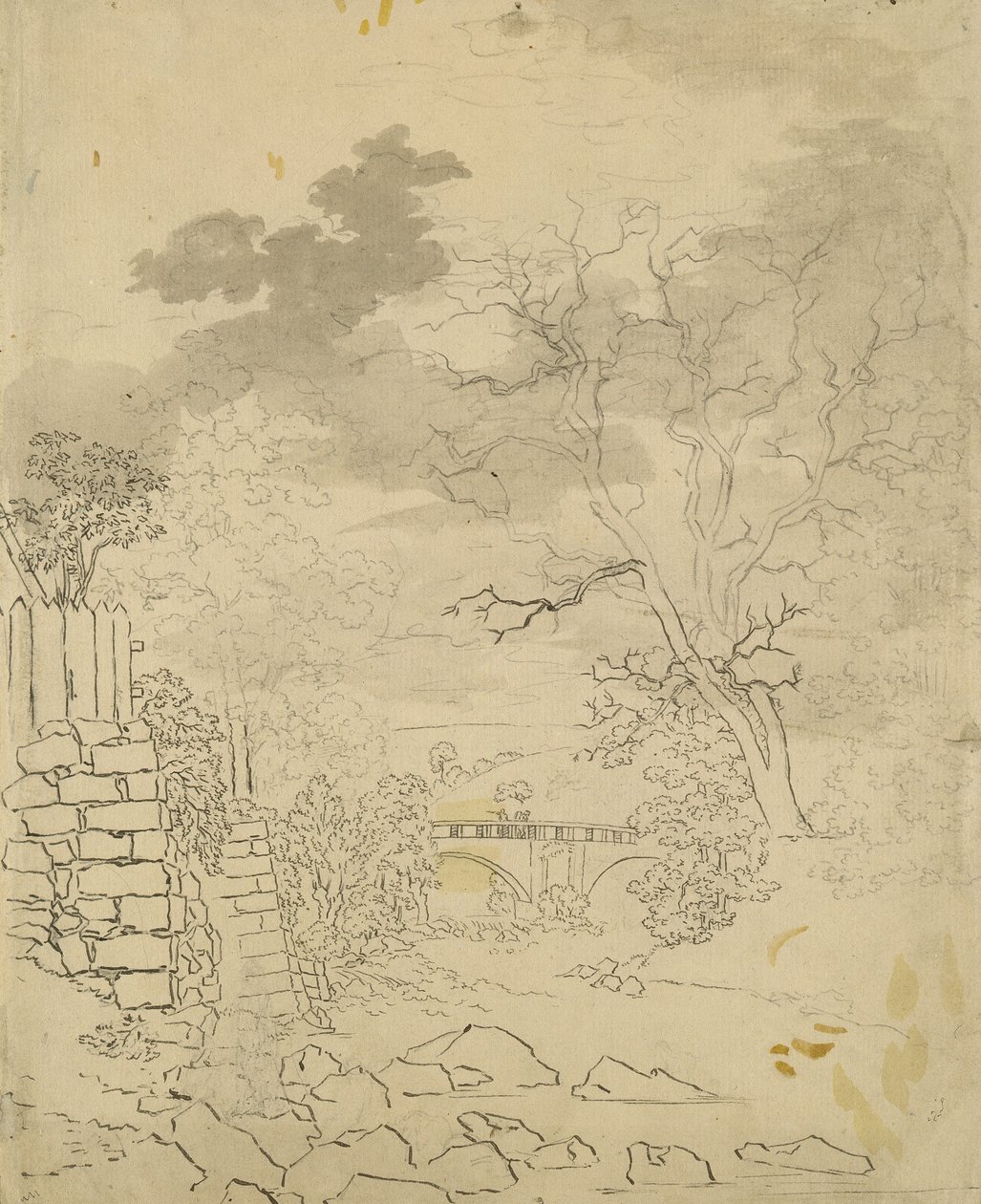 ブリッジ付きストリーム、c.1799（紙に鉛筆、ペン、インク） 作： カスパー・デイビッド・フリードリッヒ