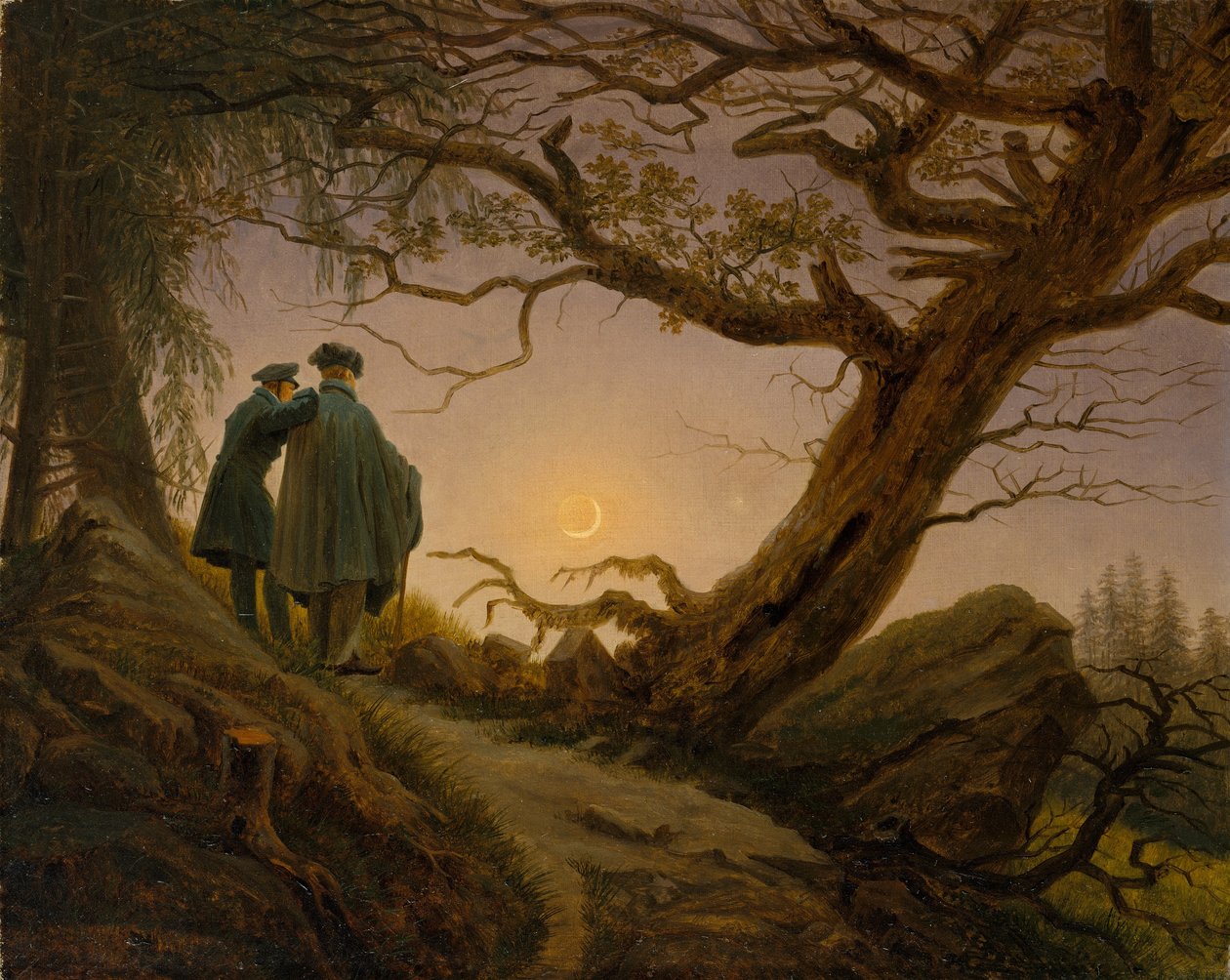 月を眺める2人の男、1825〜30年頃（帆布に油彩） 作： カスパー・デイビッド・フリードリッヒ