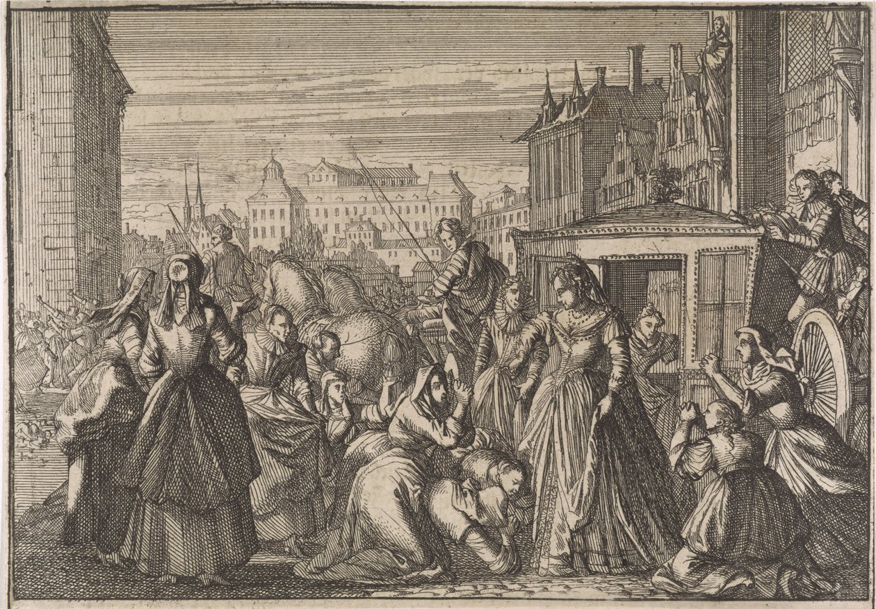 パリのアン女王の前にひざまずき、減税を懇願する女性たち、1645 年 作： カスパー・ルイケン（帰属）