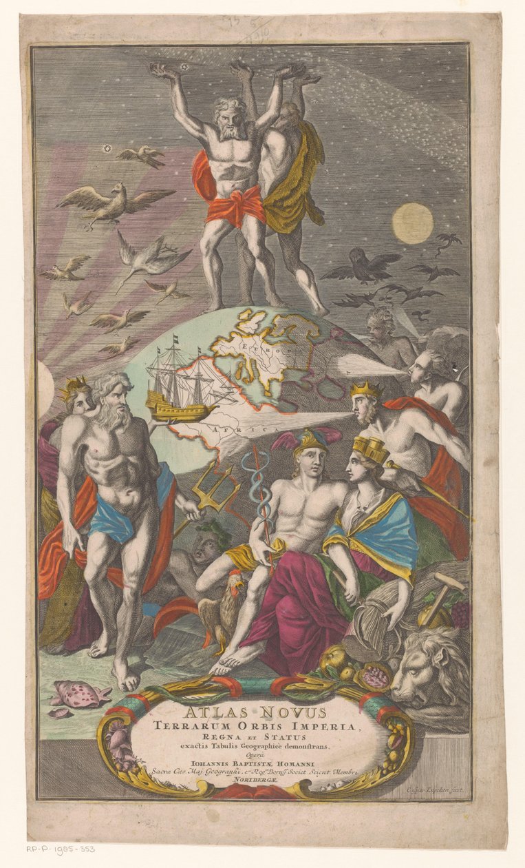Atlas en Hercules ドラゲン sternerhemel タイトル: Johann Baptista Homan, A New Atlas of the World Empires, Kingdoms and States showing Exact Geographical Tables, 1710 作： キャスパー・ルイケン
