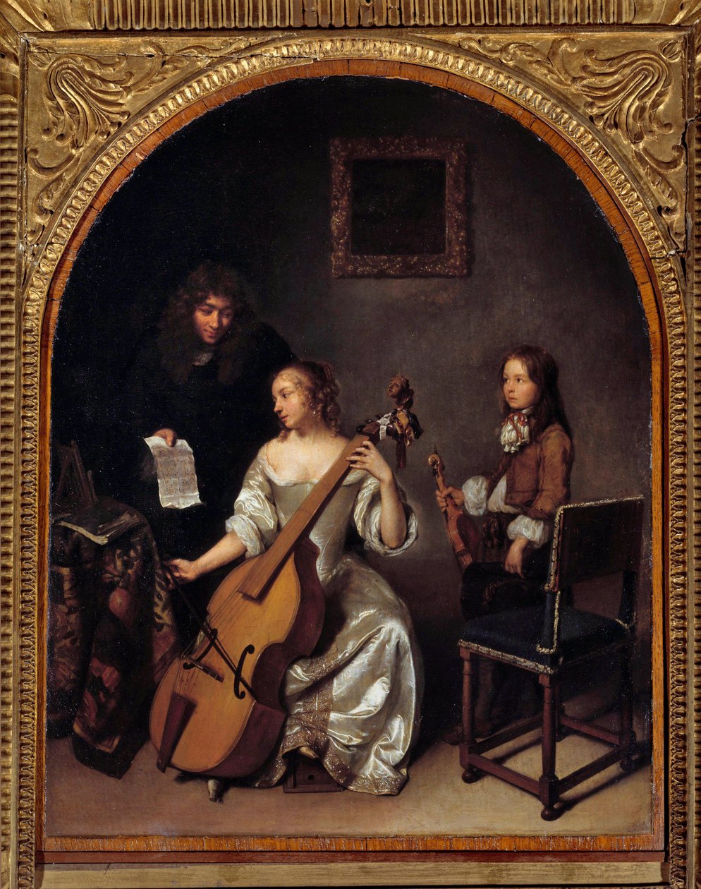 La lecon de basse de viole ガスパール・ネッチェル(1639-1684)作 絵画 17世紀 Sun.0.45x0.35 m 作： キャスパー・ネッシャー