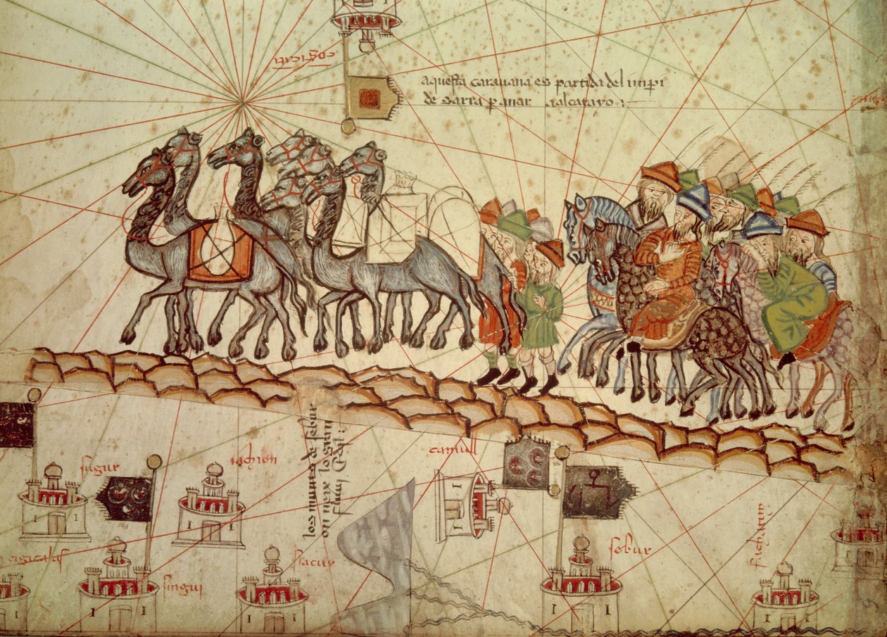 Detail einer katalanischen Seekarte (Portulan), die Asien im 13. Jahrhundert darstellt, auf der man eine Karawane auf dem Weg nach Cathay (Name, den Marco Polo für die Region Nordchina verwendete) sehen kann: Seidenstraße, die Marco Polo nahm. Katalanische von Catalan School