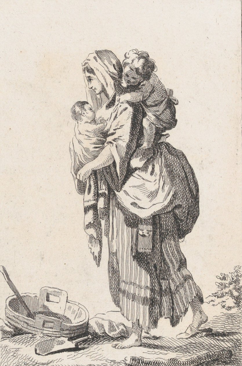 2 人の子供を持つ農民の女性、カリフォルニア州。 1758年。 作： キャサリン・フランソワーズ・ボーヴァレット