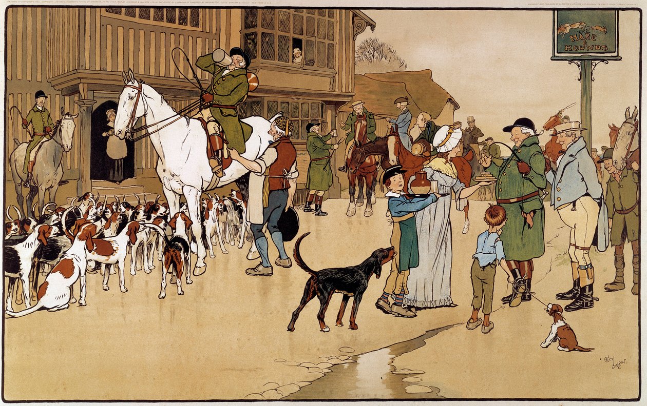 うさぎ狩りの途中で宿に立ち寄る。セシル・アルディン(1870-1935)の水彩画 作： セシル・チャールズ・ウィンザー・アルディン