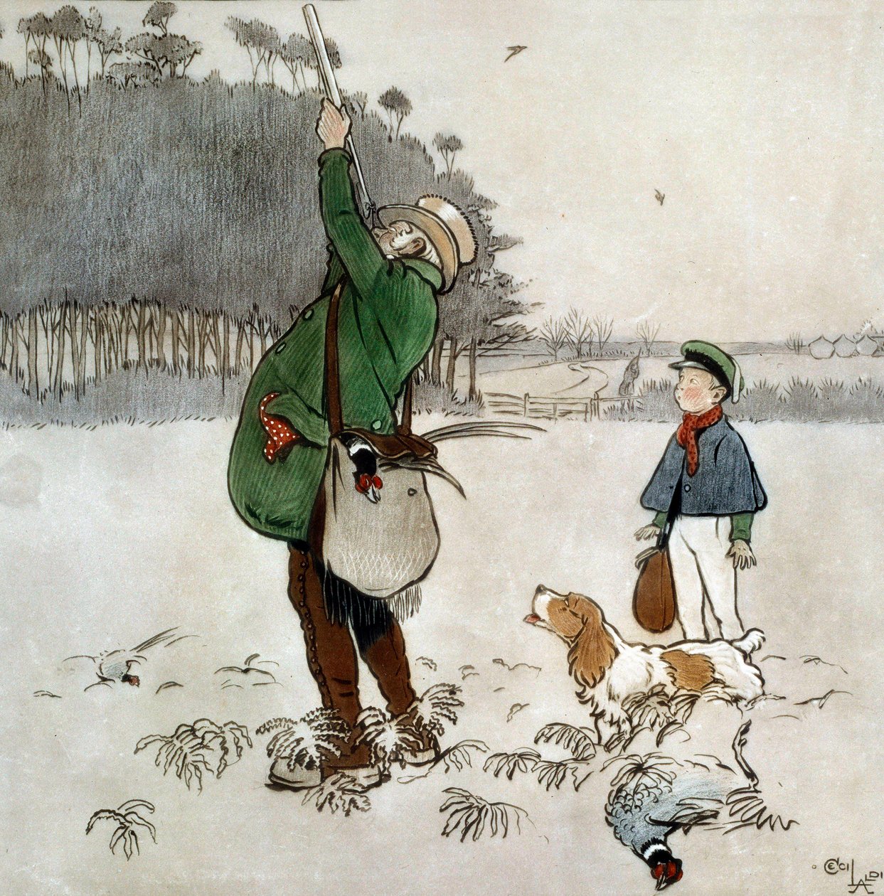 カモを撃つ戦闘機 セシル・アルディン（1870-1935）の水彩画 19世紀 個人蔵