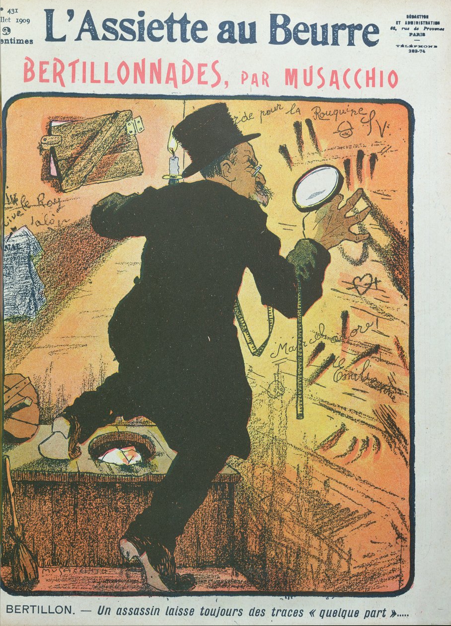 「L&39;Assiette au Beurre」からのアルフォンスベルティヨン博士の風刺画、1909年7月 作： チェザーレ・アンニバレ・ムサッキオ