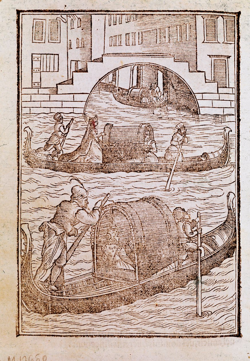 15世紀のヴェネツィアのラグーンに浮かぶゴンドラ Cesare Vecellio (1521-1601) 1590年 Venice Biblioteca Marcianaの「Degli abiti antichi e moderni」からのエングレーヴィング。 作： Cesare（後）Vecellio