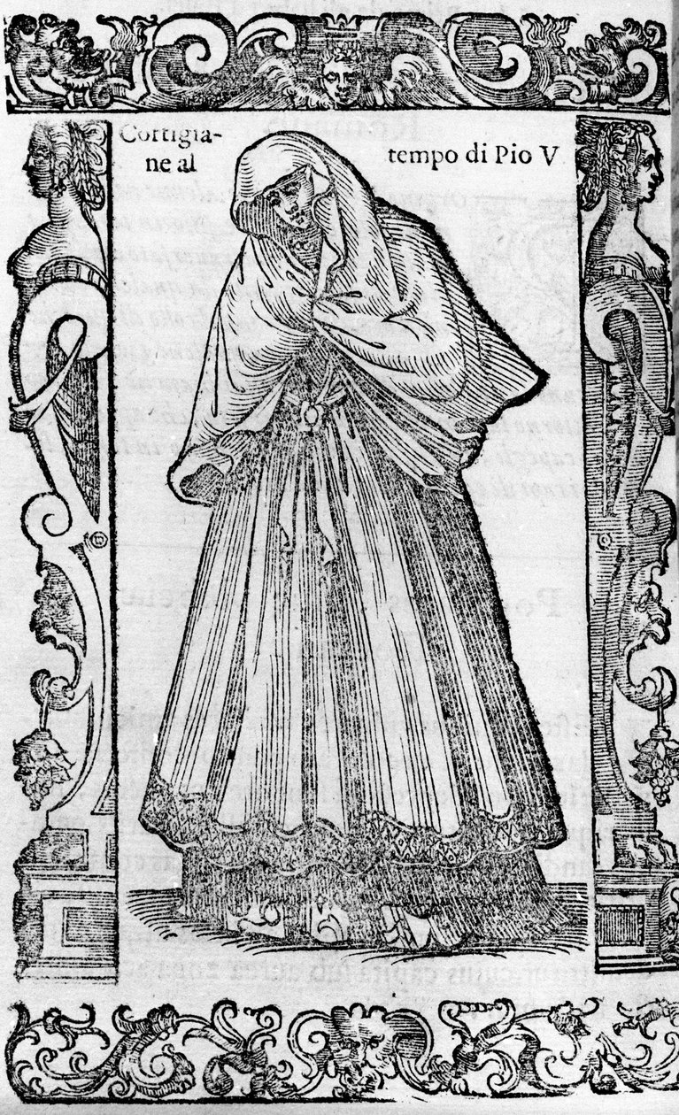 ルネッサンス：教皇ピウス5世（1566-1572）の時代の宮廷女官。チェーザレ・ヴェチェッリオ著「近代および古代の衣装」より抜粋 作： Cesare（attr。To）Vecellio