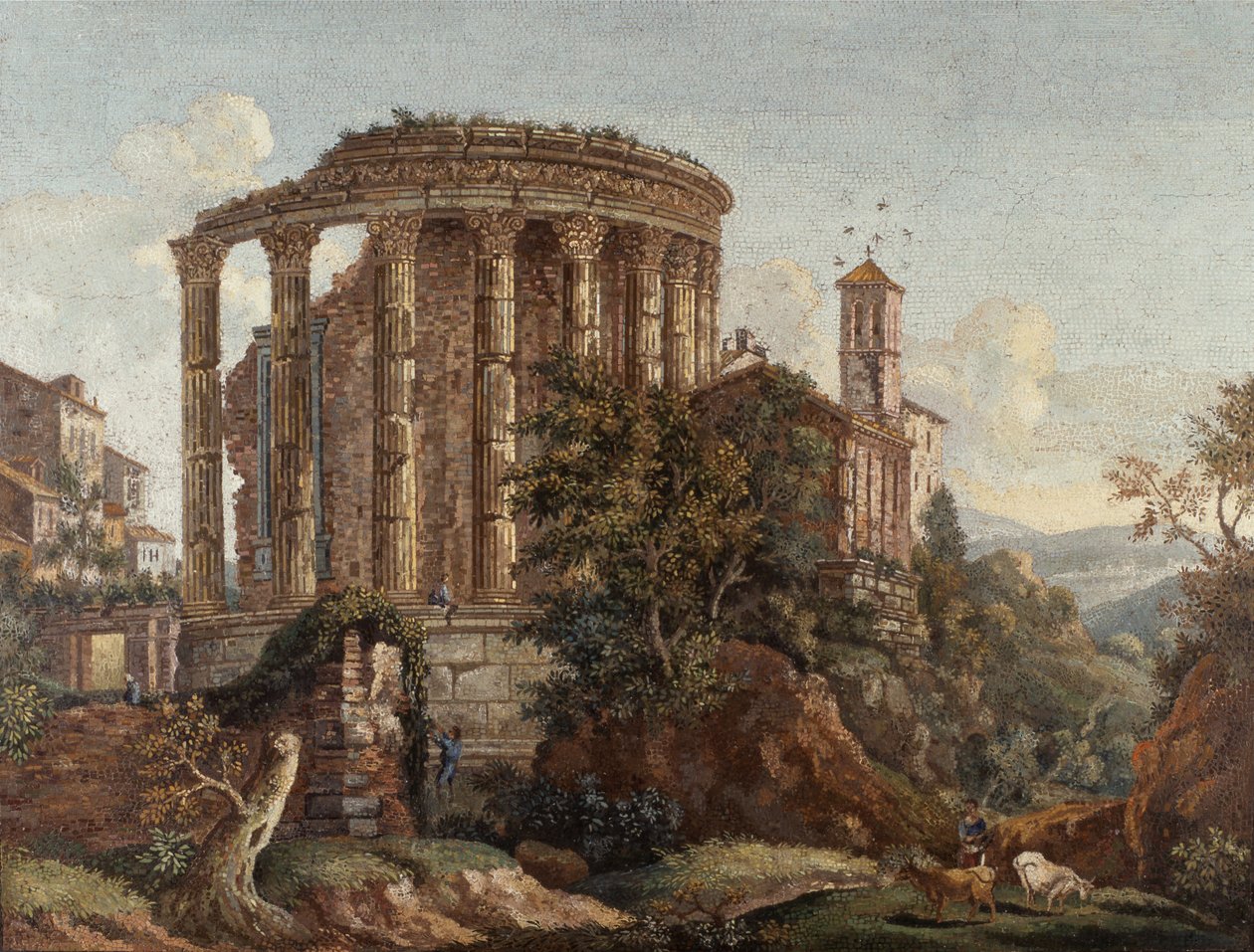 ローマ時代のマイクロ・モザイク画「ヴェスタ神殿」（1774-75年頃）の1対（モザイク画 作： チェーザレ・アグアッティ
