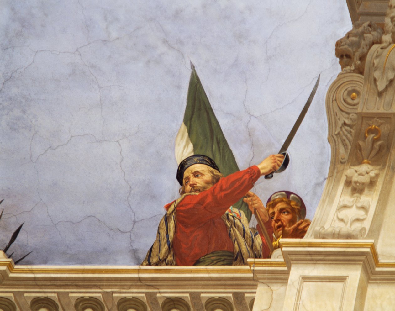 チェーザレ・マリアーニ（1826-1901）によるフレスコ画「イタリアの寓意」の詳細、ローマの財政宮殿「多数派の広間」の天井。イタリア 作： チェーザレマリアーニ