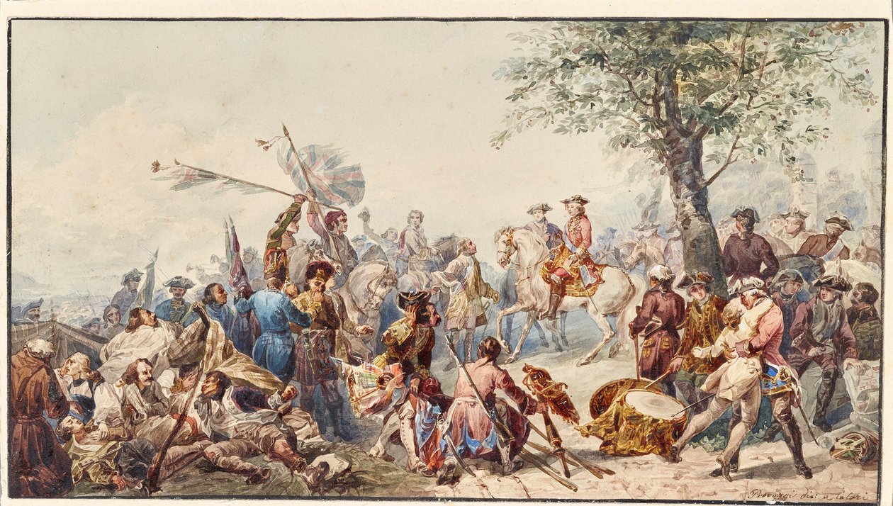丘の上の英国の司令官と兵士 作： Cesare Provaggi