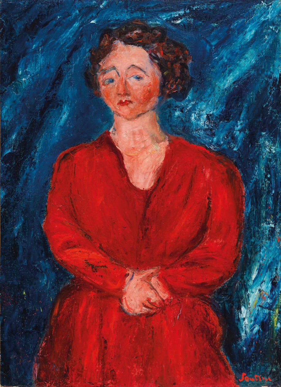 青い背景に赤い服を着た女性、1928年頃。 作： Chaim Soutine