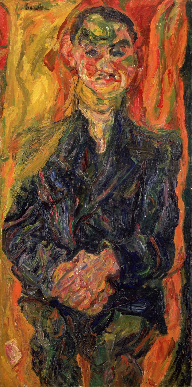 黄色と赤の背景を持つ青の男 作： Chaim Soutine