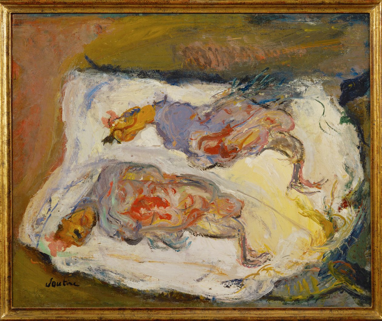 白い布の上の二羽の鶏 1924-25年頃 キャンバスに描かれた絵 作： Chaim Soutine