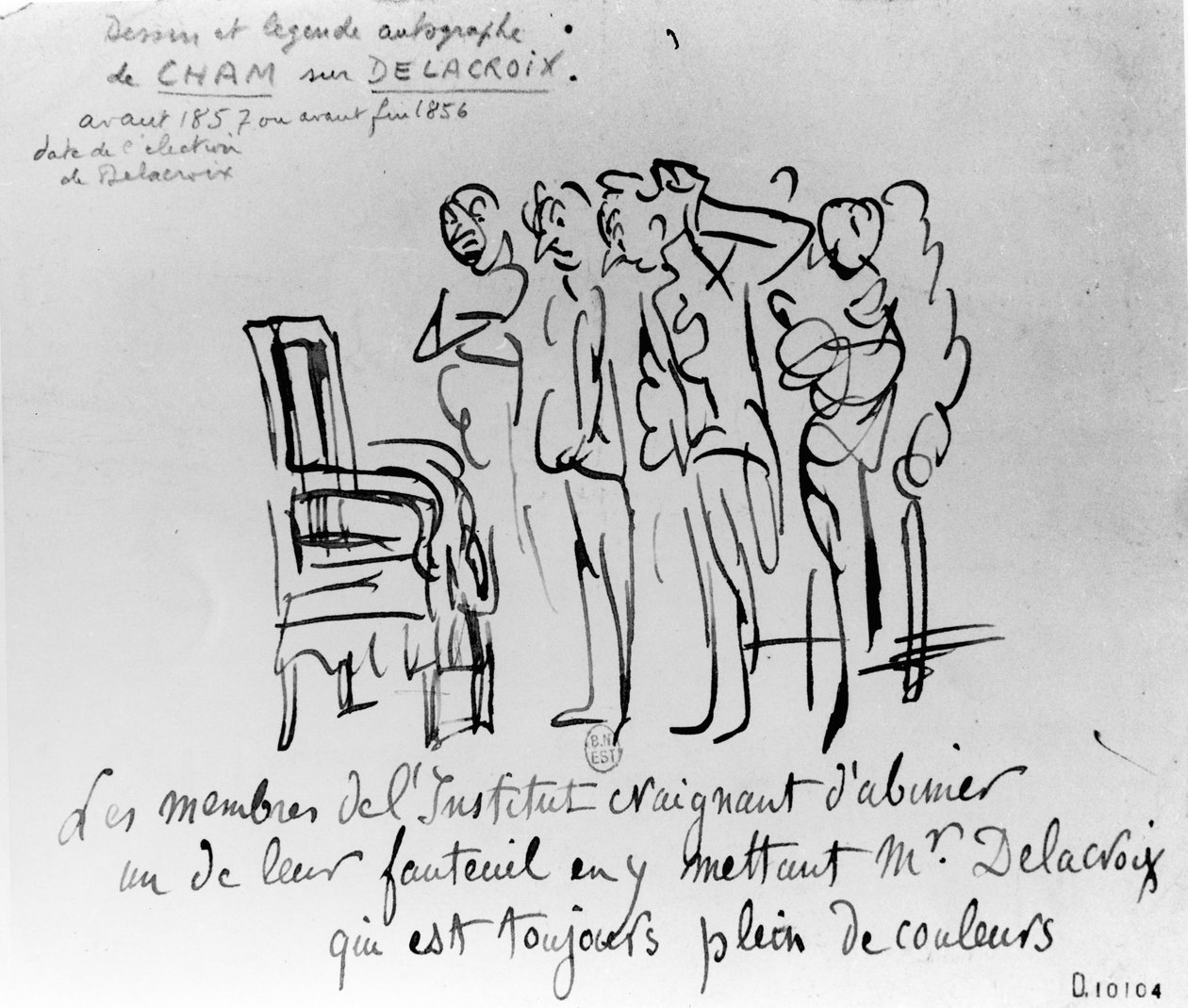1856-7年、色彩への愛情が席を汚すのを恐れて、フランス国立研究所のメンバーが椅子の1つにドラクロワを設置することに抵抗を感じた（ペン、紙に筆とインク） 作： チャム