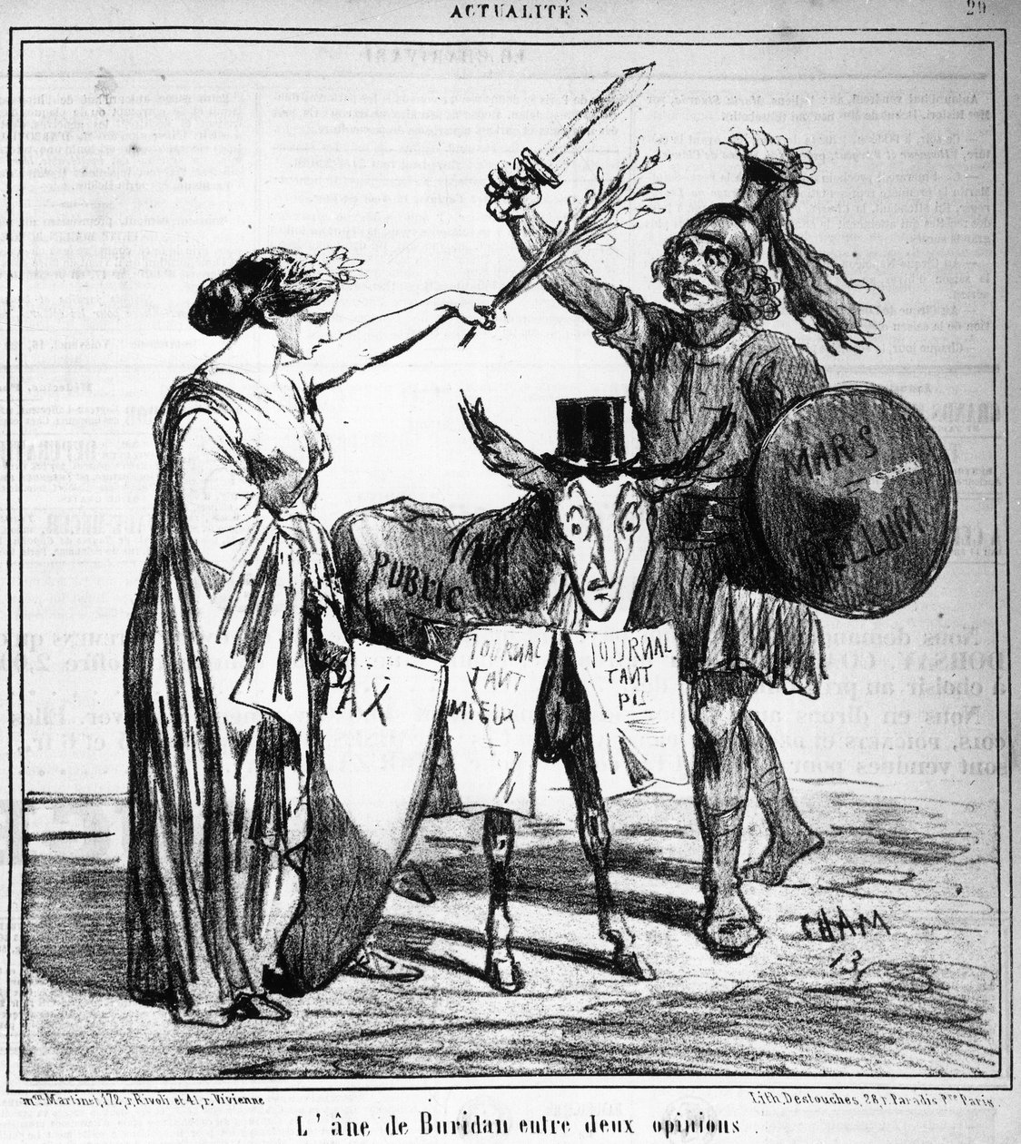 2つの意見の間にあるブリダンのロバ - 1859年04月29日の "Charivari "に掲載されたChamによるもの。 作： アメデ・ド・ノエ（チャム）