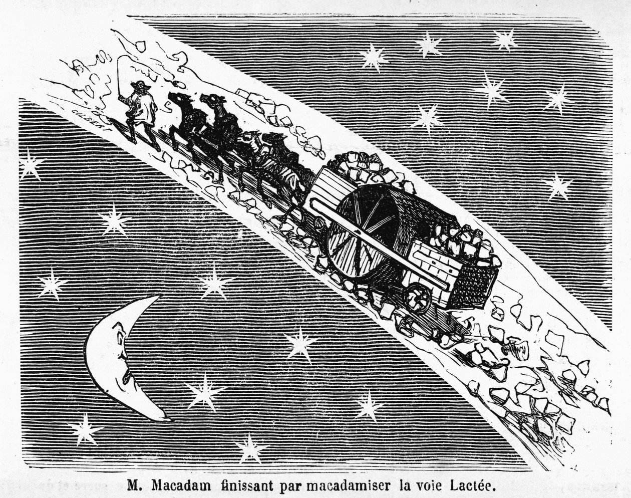 スコットランドの技師マカダム（1756-1838）による道路の石張りに関する漫画。"M. Macadam ending by macadamizing the Milky Way" - "Album Charivarique", ill. de Chamに掲載。 作： アメデ・ド・ノエ（チャム）
